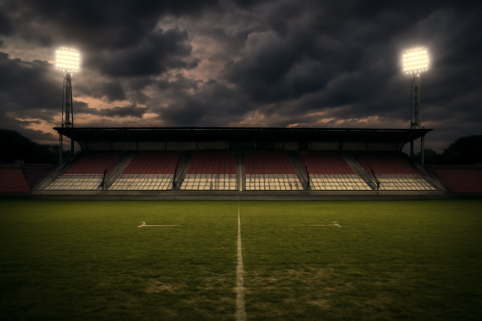 Stadion sepak bola Eropa Timur saat senja dengan lampu sorot menyala